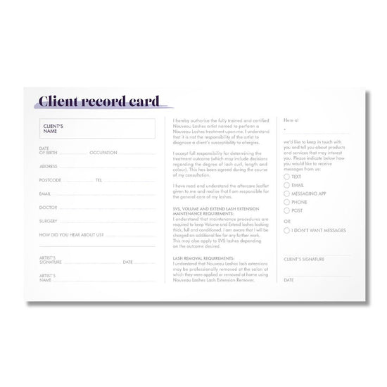 Nouveau Lashes Client Record Cards 100's – i-Spa